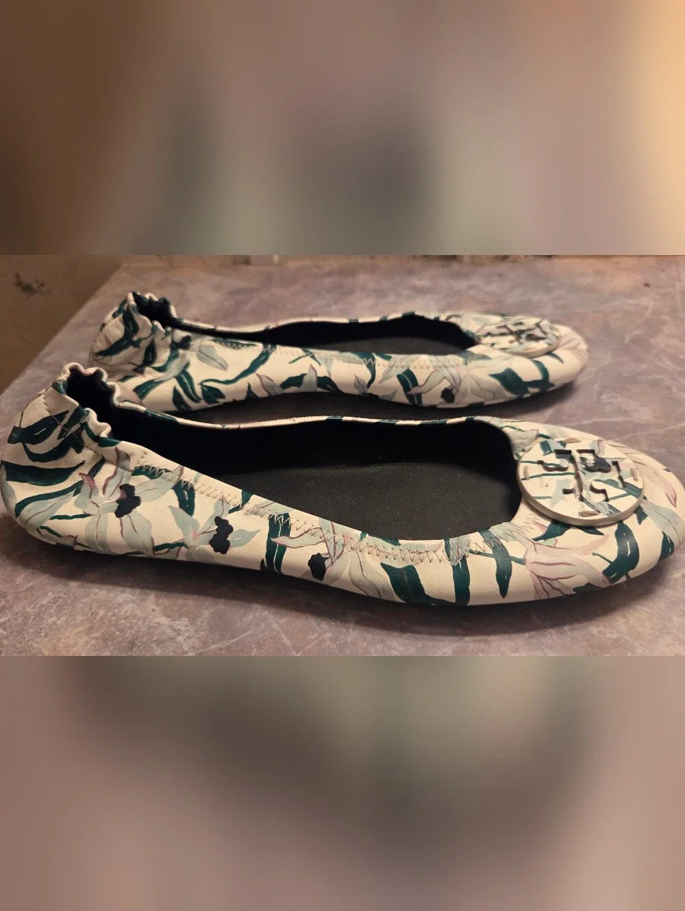 Tory Burch White Floral Logo Ballet Flat